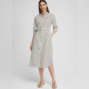 Chicos 100% Cotton Stripe Midi Shirt Dress With Pockets US Size 4 NWT